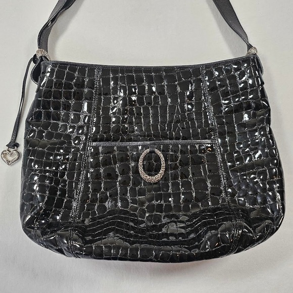 Brighton Black Croc Embossed Patent Leather Shoulder Bag Hobo Silver Tone - Picture 14 of 16